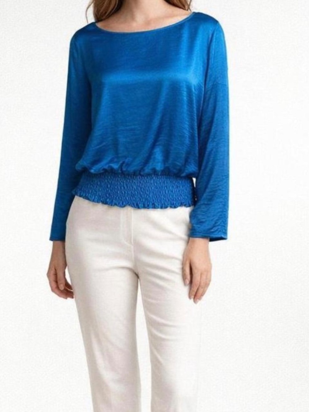 Turqoise Hammered Satin  Long-Sleeve Blouse Smocked Hem Roll Tab Sleeve